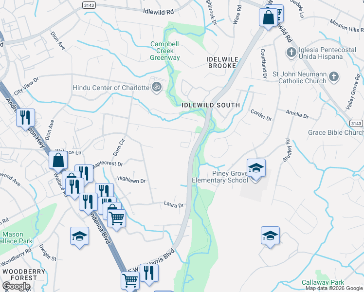 map of restaurants, bars, coffee shops, grocery stores, and more near 7844 East Lane Drive in Charlotte