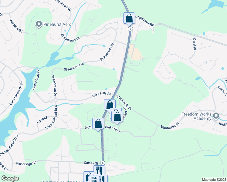 map of restaurants, bars, coffee shops, grocery stores, and more near 255 North Carolina 5 in Pinehurst
