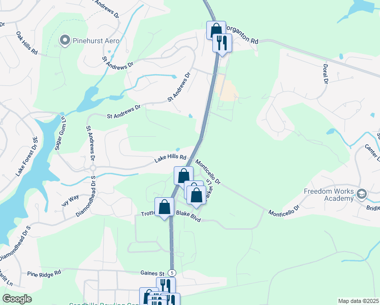 map of restaurants, bars, coffee shops, grocery stores, and more near 255 North Carolina 5 in Pinehurst