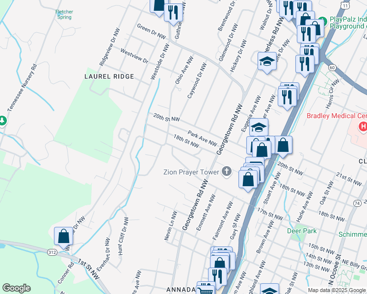 map of restaurants, bars, coffee shops, grocery stores, and more near 1303 18th Street Northwest in Cleveland