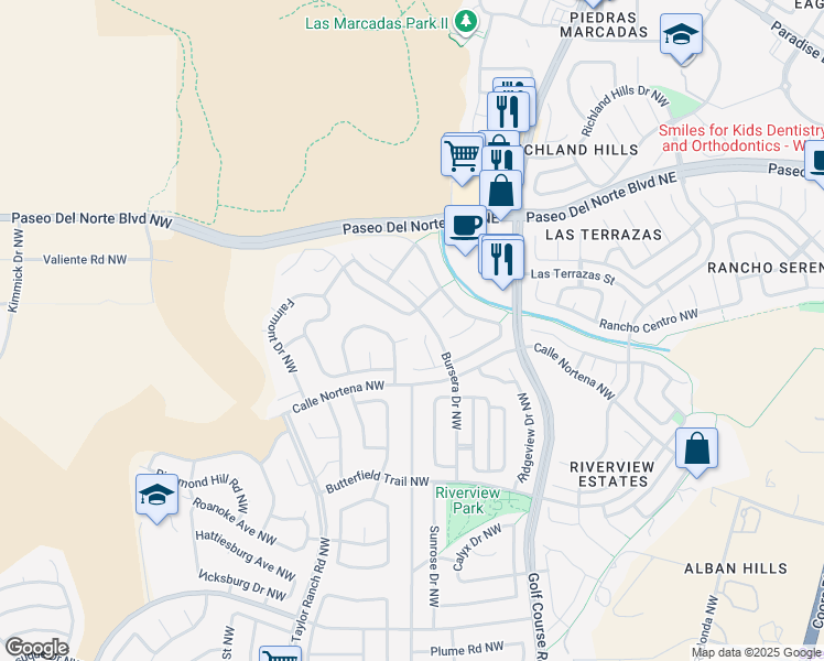 map of restaurants, bars, coffee shops, grocery stores, and more near 4600 Cumberland Road Northwest in Albuquerque