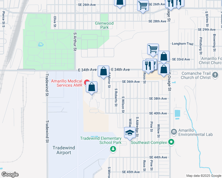 map of restaurants, bars, coffee shops, grocery stores, and more near 3617 South Mirror Street in Amarillo