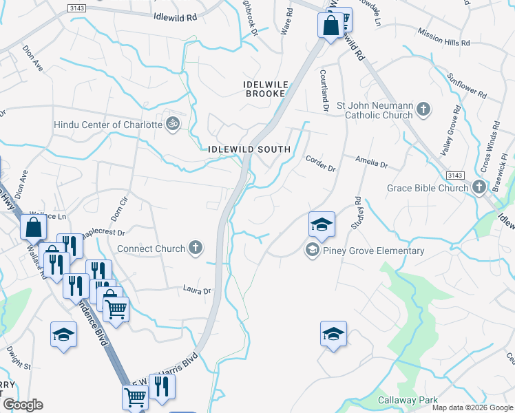 map of restaurants, bars, coffee shops, grocery stores, and more near 3208 Winchelsea Drive in Charlotte