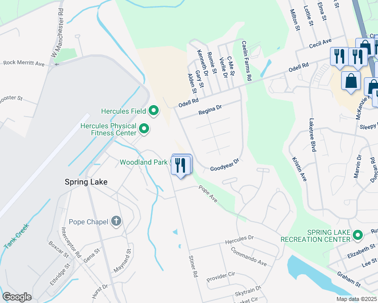 map of restaurants, bars, coffee shops, grocery stores, and more near 733 Goodyear Drive in Spring Lake