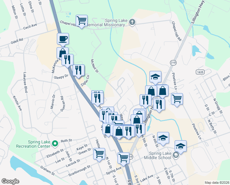 map of restaurants, bars, coffee shops, grocery stores, and more near 833 McNeil Street in Spring Lake