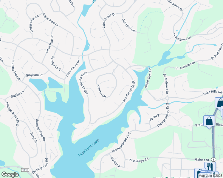 map of restaurants, bars, coffee shops, grocery stores, and more near 2 White Birch Lane in Pinehurst
