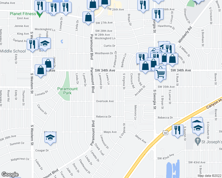 map of restaurants, bars, coffee shops, grocery stores, and more near 3503 Lewis Lane in Amarillo