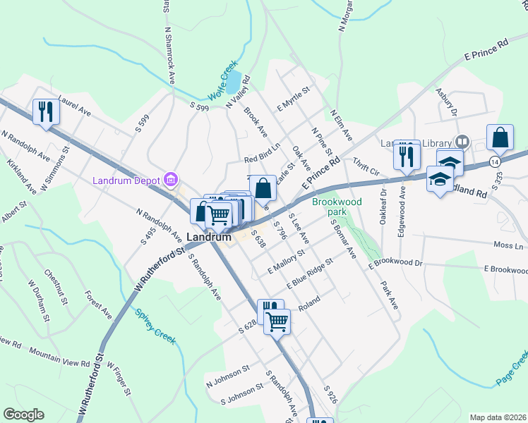 map of restaurants, bars, coffee shops, grocery stores, and more near 303 East Rutherford Street in Landrum