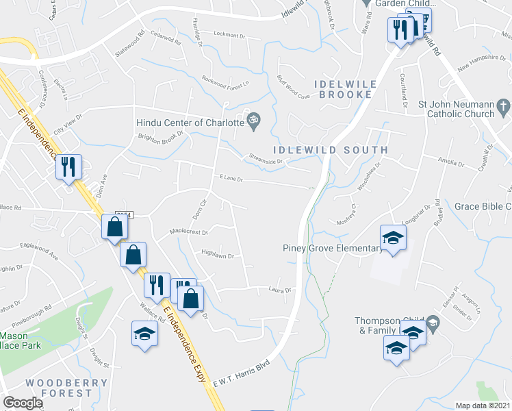 map of restaurants, bars, coffee shops, grocery stores, and more near 7233 Holly Lee Drive in Charlotte