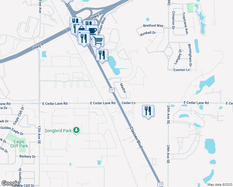 map of restaurants, bars, coffee shops, grocery stores, and more near 3504 Shadow Street in Norman