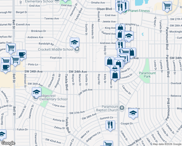 map of restaurants, bars, coffee shops, grocery stores, and more near 4600-4698 SW 34th Ave in Amarillo