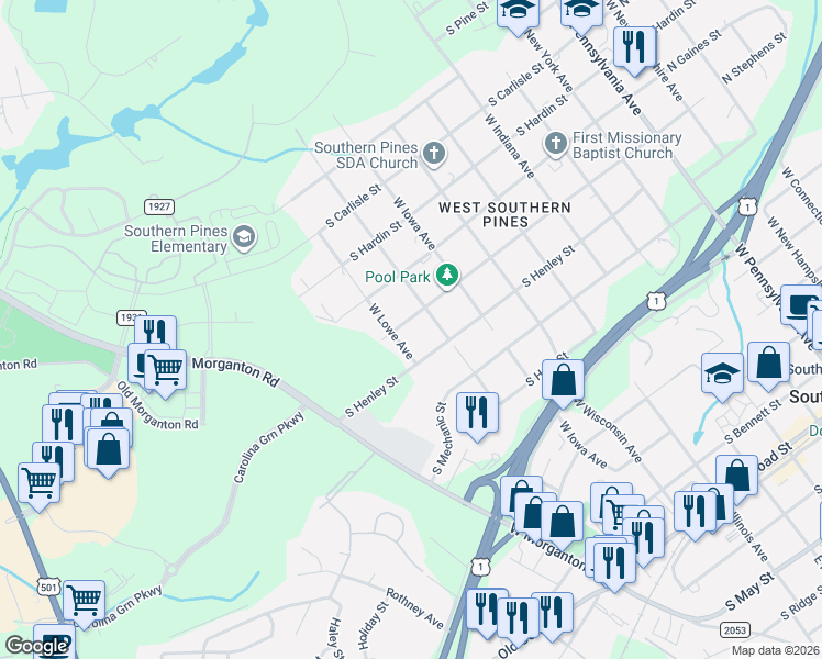 map of restaurants, bars, coffee shops, grocery stores, and more near 860 South Stephens Street in Southern Pines