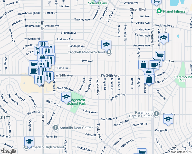 map of restaurants, bars, coffee shops, grocery stores, and more near 5067 Southwest 34th Avenue in Amarillo