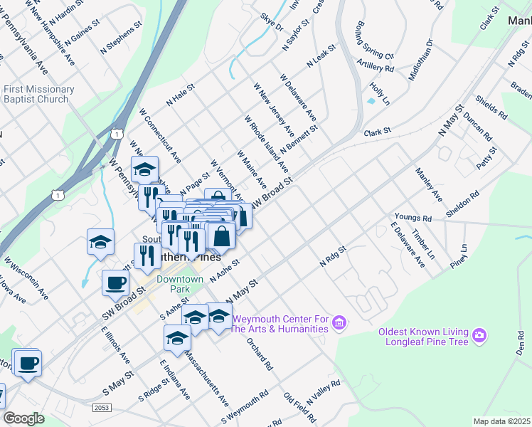 map of restaurants, bars, coffee shops, grocery stores, and more near 435 NE Broad St in Southern Pines