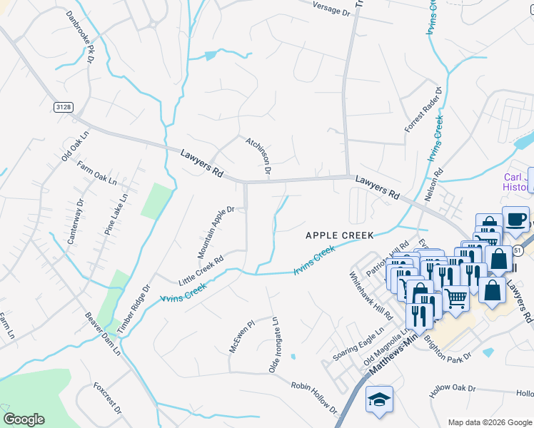 map of restaurants, bars, coffee shops, grocery stores, and more near 7460 Apple Creek Drive in Mint Hill
