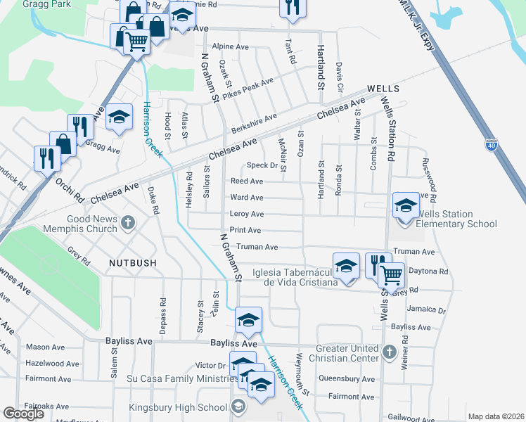 map of restaurants, bars, coffee shops, grocery stores, and more near 4057 Ward Avenue in Memphis