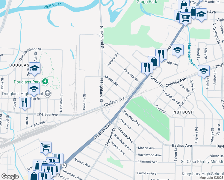 map of restaurants, bars, coffee shops, grocery stores, and more near 3508 Crow Road in Memphis