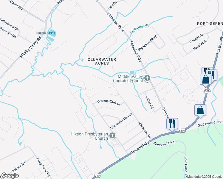 map of restaurants, bars, coffee shops, grocery stores, and more near 6536 Brigade Lane in Middle Valley