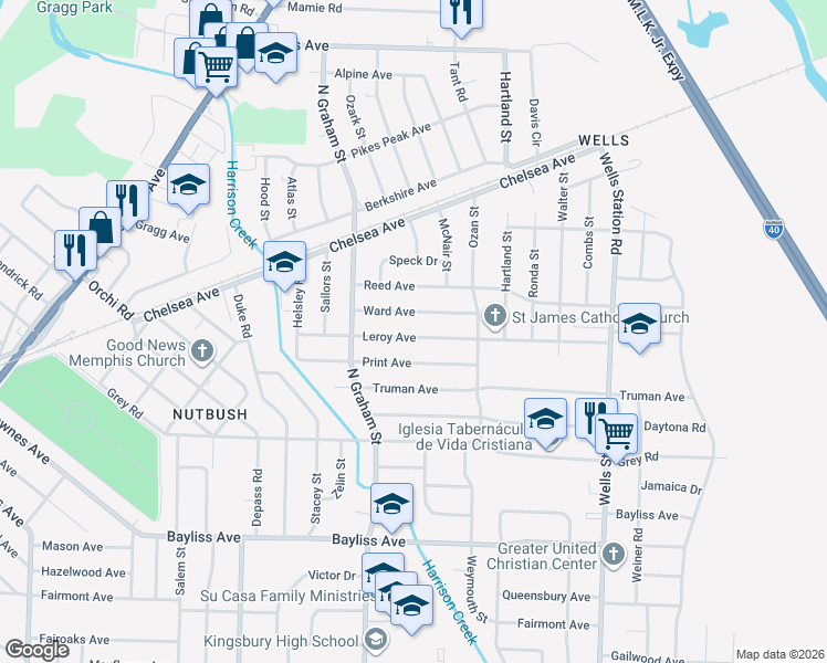 map of restaurants, bars, coffee shops, grocery stores, and more near 4057 Ward Avenue in Memphis