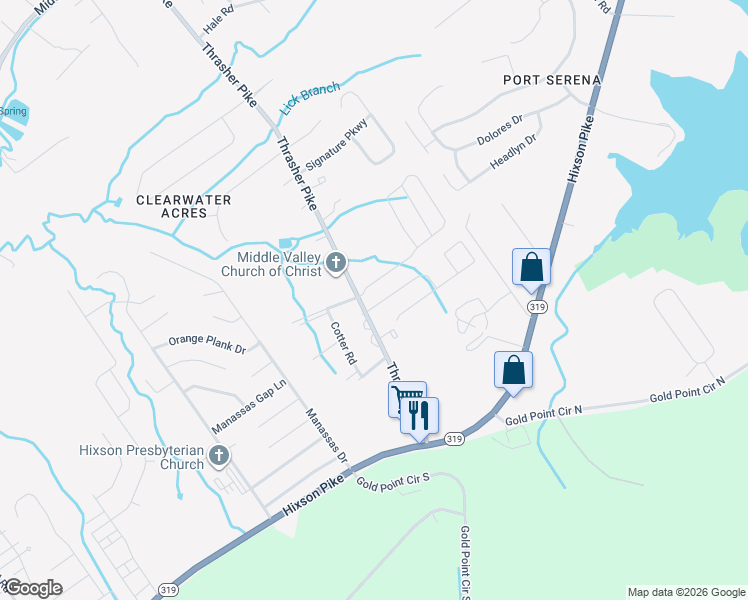 map of restaurants, bars, coffee shops, grocery stores, and more near 1843 Thrasher Pike in Middle Valley