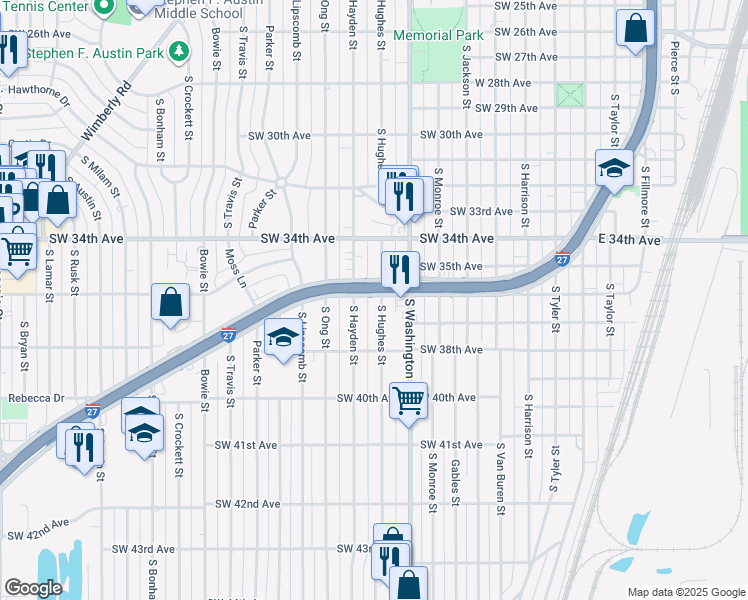 map of restaurants, bars, coffee shops, grocery stores, and more near 3600 South Hughes Street in Amarillo