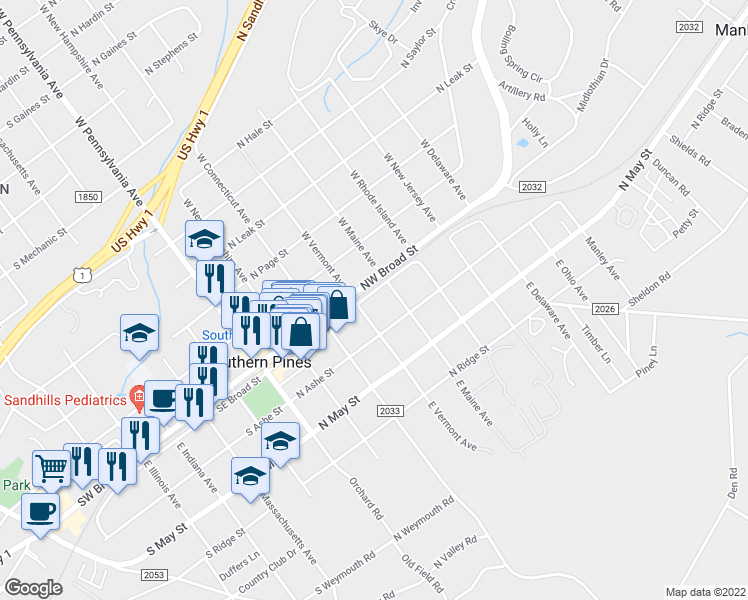 map of restaurants, bars, coffee shops, grocery stores, and more near 435 Northeast Broad Street in Southern Pines