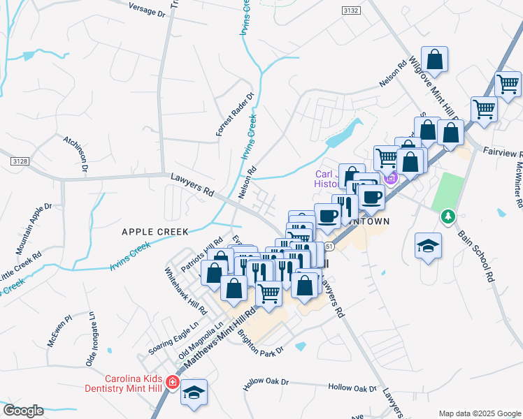 map of restaurants, bars, coffee shops, grocery stores, and more near in Mint Hill