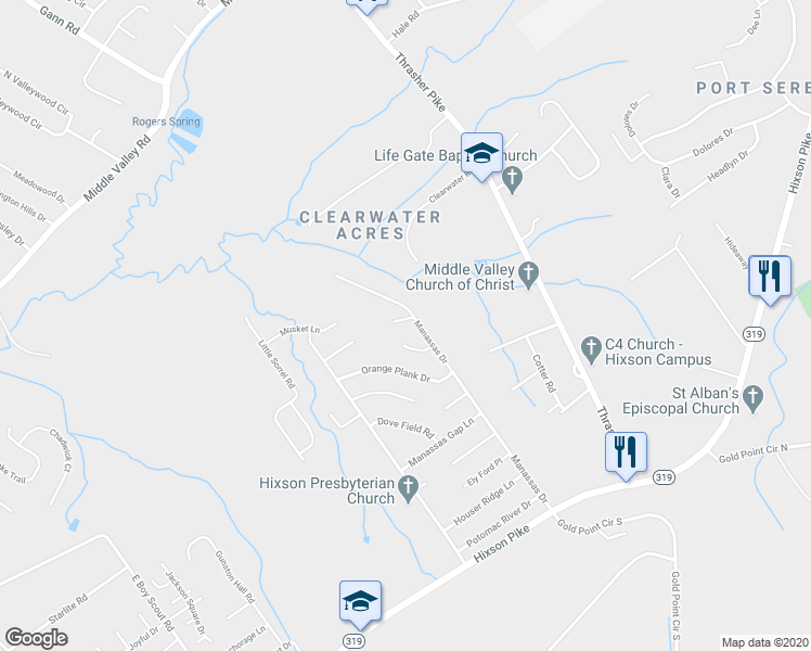 map of restaurants, bars, coffee shops, grocery stores, and more near 6536 Brigade Lane in Middle Valley