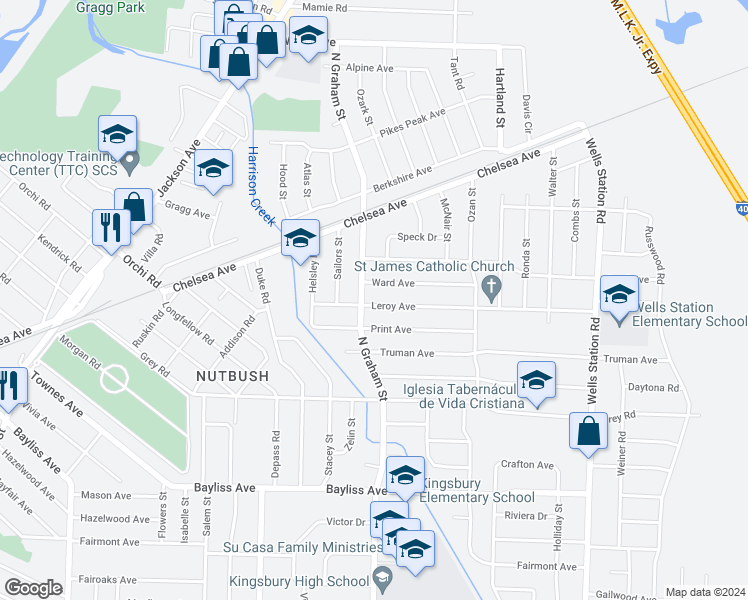 map of restaurants, bars, coffee shops, grocery stores, and more near 4020 Leroy Avenue in Memphis