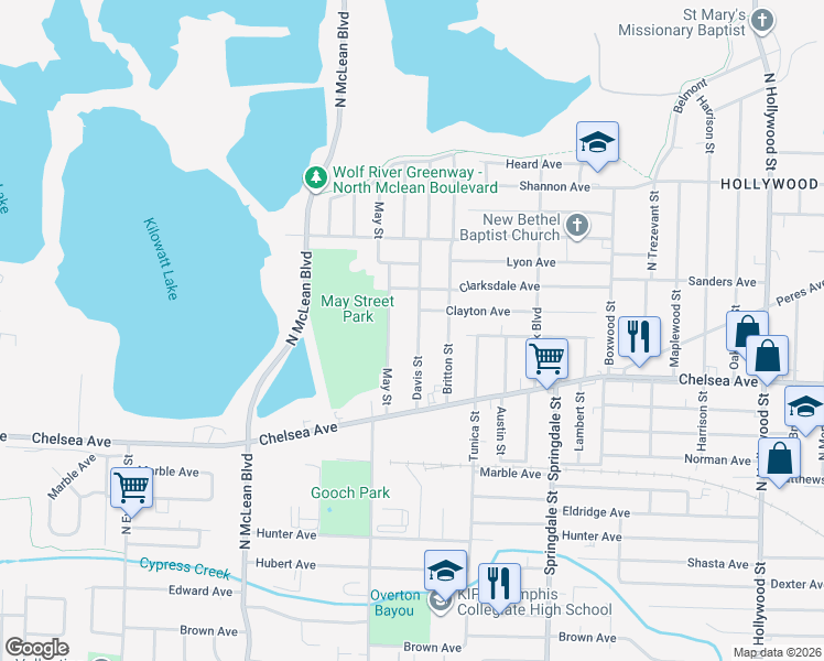 map of restaurants, bars, coffee shops, grocery stores, and more near 1464 May Street in Memphis