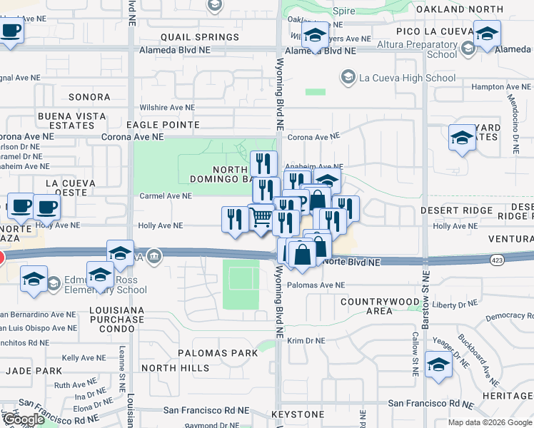 map of restaurants, bars, coffee shops, grocery stores, and more near 8111 Wyoming Boulevard Northeast in Albuquerque