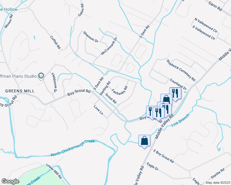 map of restaurants, bars, coffee shops, grocery stores, and more near 7213 Fairbanks Road in Middle Valley