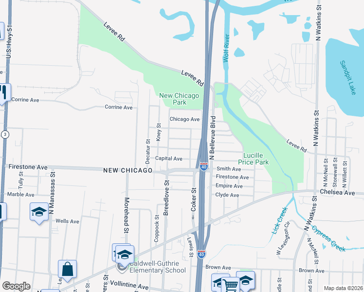 map of restaurants, bars, coffee shops, grocery stores, and more near 1100 Louisville Avenue in Memphis
