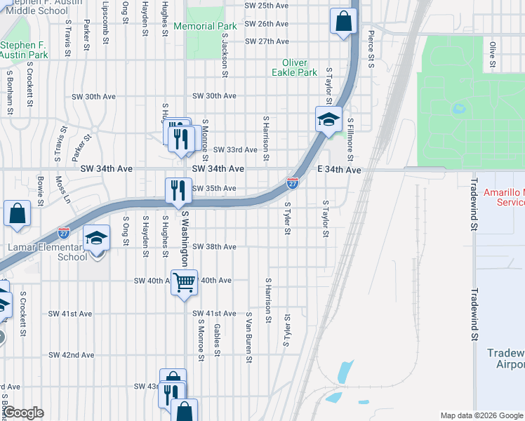 map of restaurants, bars, coffee shops, grocery stores, and more near 3601-3647 Canyon Drive in Amarillo