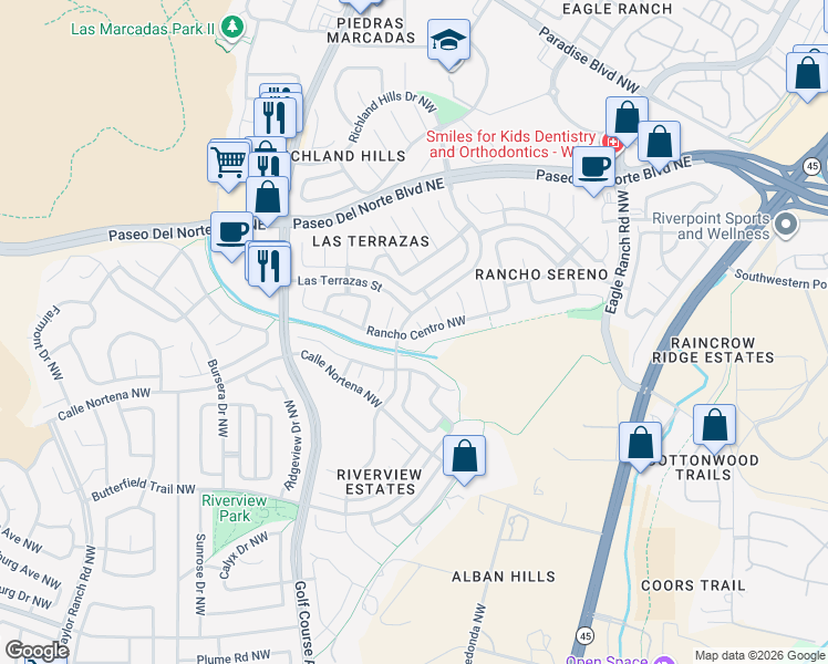map of restaurants, bars, coffee shops, grocery stores, and more near 8109 Rancho Lago Court Northwest in Albuquerque
