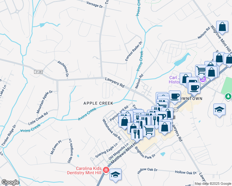 map of restaurants, bars, coffee shops, grocery stores, and more near 10830 Lawyers Glen Drive in Mint Hill