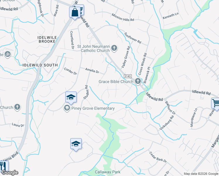 map of restaurants, bars, coffee shops, grocery stores, and more near 3001 Overlook Trail in Charlotte