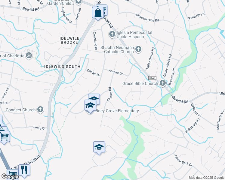 map of restaurants, bars, coffee shops, grocery stores, and more near 8500 Longbriar Drive in Charlotte