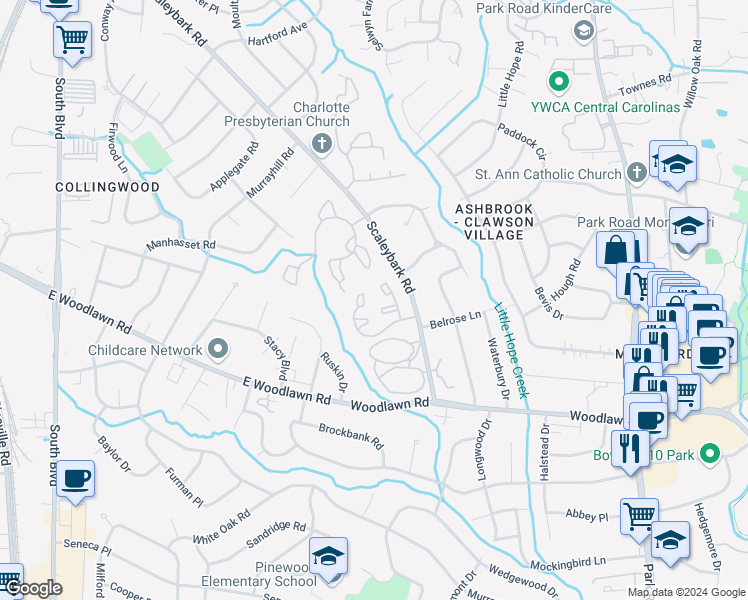 map of restaurants, bars, coffee shops, grocery stores, and more near 1010 Forest Oak Drive in Charlotte