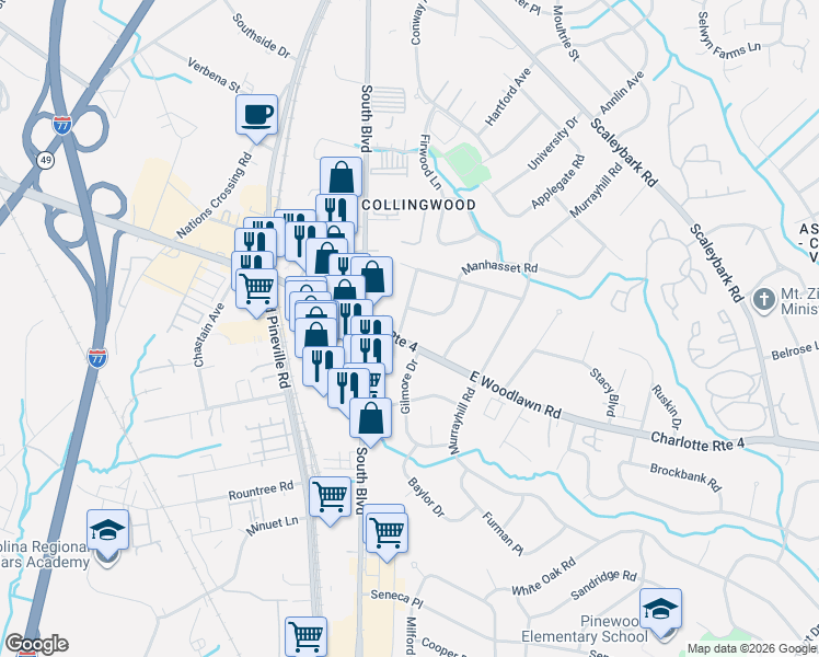 map of restaurants, bars, coffee shops, grocery stores, and more near 4641 Connecting Road in Charlotte