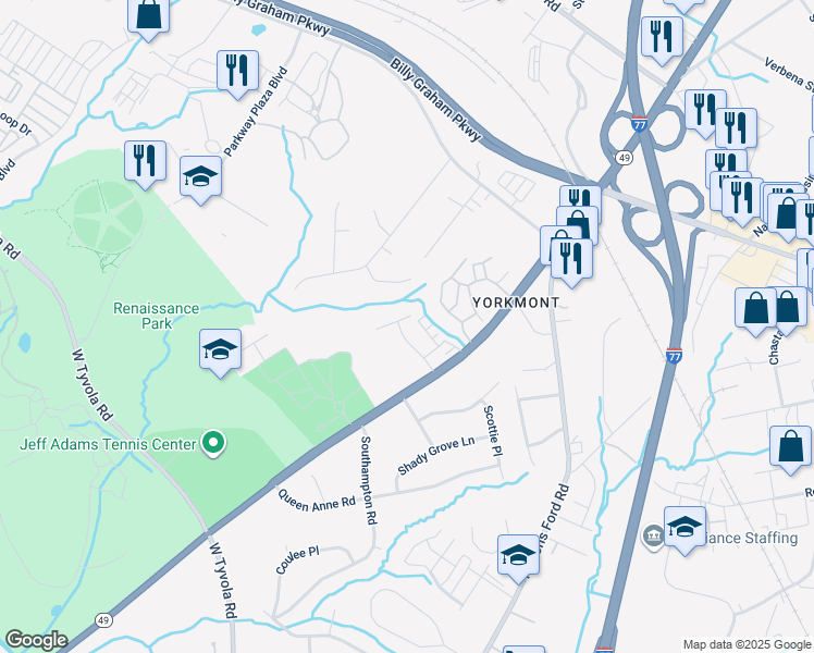 map of restaurants, bars, coffee shops, grocery stores, and more near 5101 Clearwater Road in Charlotte