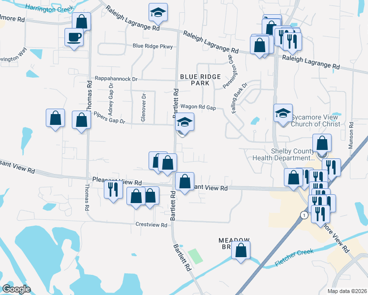 map of restaurants, bars, coffee shops, grocery stores, and more near 1862 Bartlett Road in Memphis