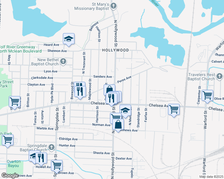map of restaurants, bars, coffee shops, grocery stores, and more near 2429 Peres Avenue in Memphis