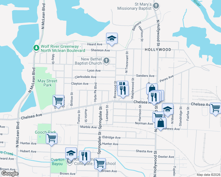 map of restaurants, bars, coffee shops, grocery stores, and more near 2251 Clayton Avenue in Memphis