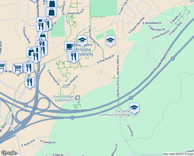 map of restaurants, bars, coffee shops, grocery stores, and more near 455 East Pine Knoll Drive in Flagstaff