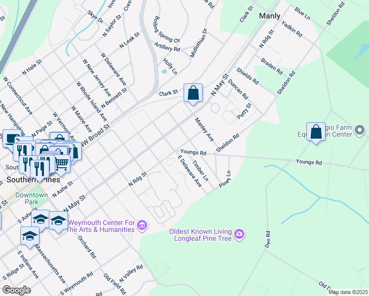 map of restaurants, bars, coffee shops, grocery stores, and more near 4100 Youngs Road in Southern Pines