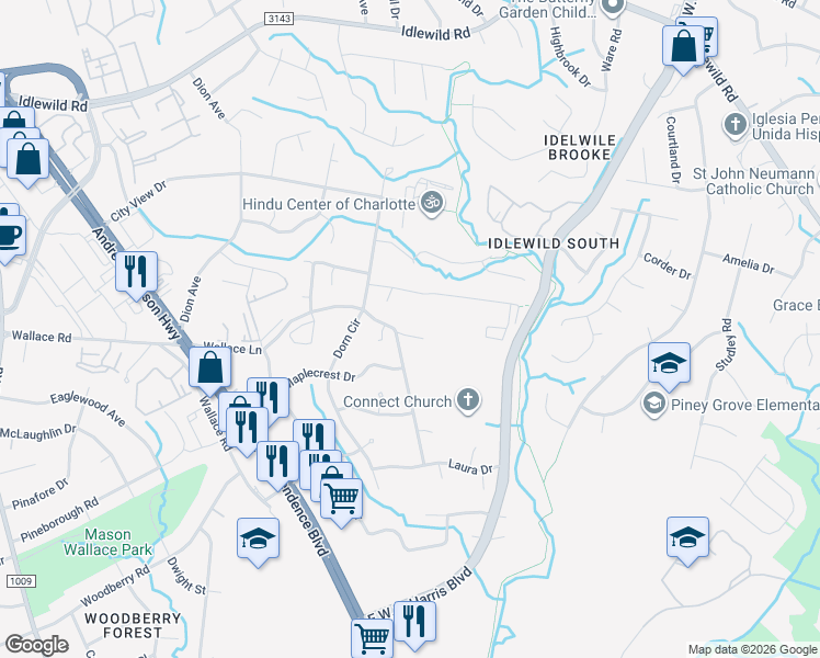 map of restaurants, bars, coffee shops, grocery stores, and more near 7211 Holly Lee Drive in Charlotte