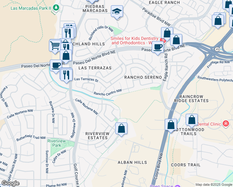 map of restaurants, bars, coffee shops, grocery stores, and more near 4208 Rancho Centro Northwest in Albuquerque