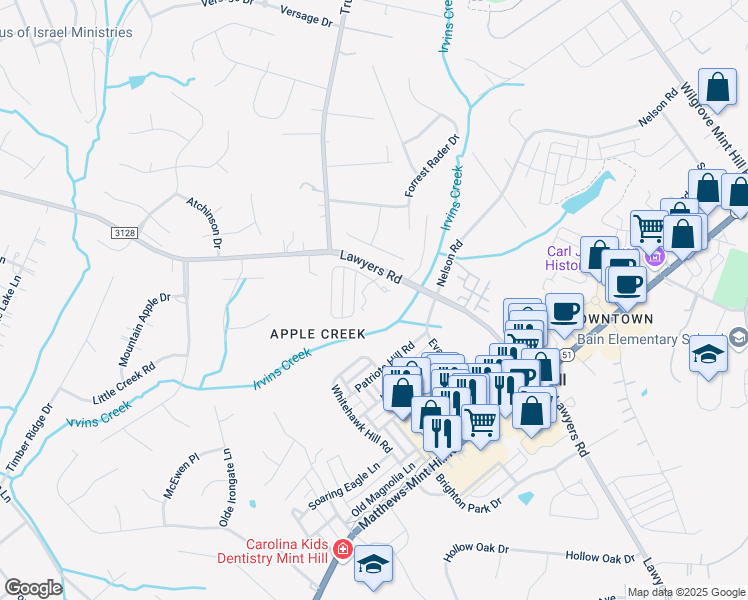 map of restaurants, bars, coffee shops, grocery stores, and more near 10830 Lawyers Glen Drive in Mint Hill