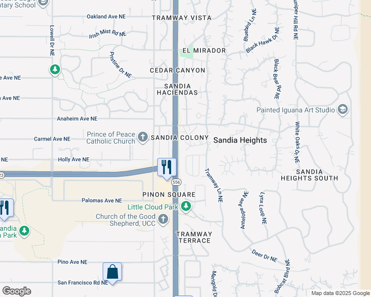 map of restaurants, bars, coffee shops, grocery stores, and more near 875 Tramway Lane Court Northeast in Albuquerque